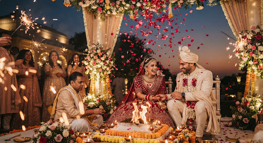 Luxury Indian royal wedding celebration in Udaipur courtyard